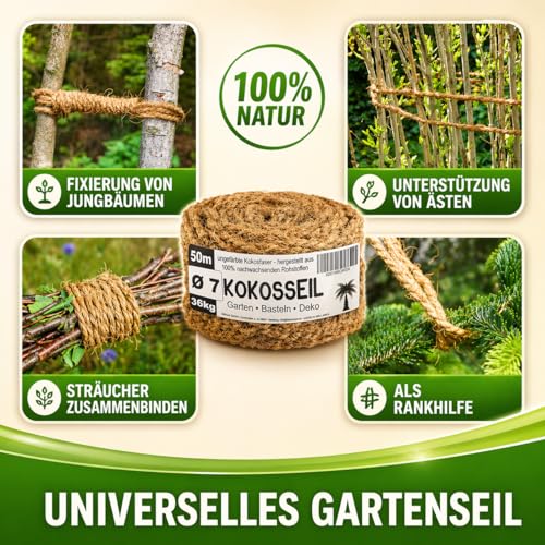 Detalle 2 de deli4you Kokosseil Gartenseil für Pflanzen – 7 mm × 50 m