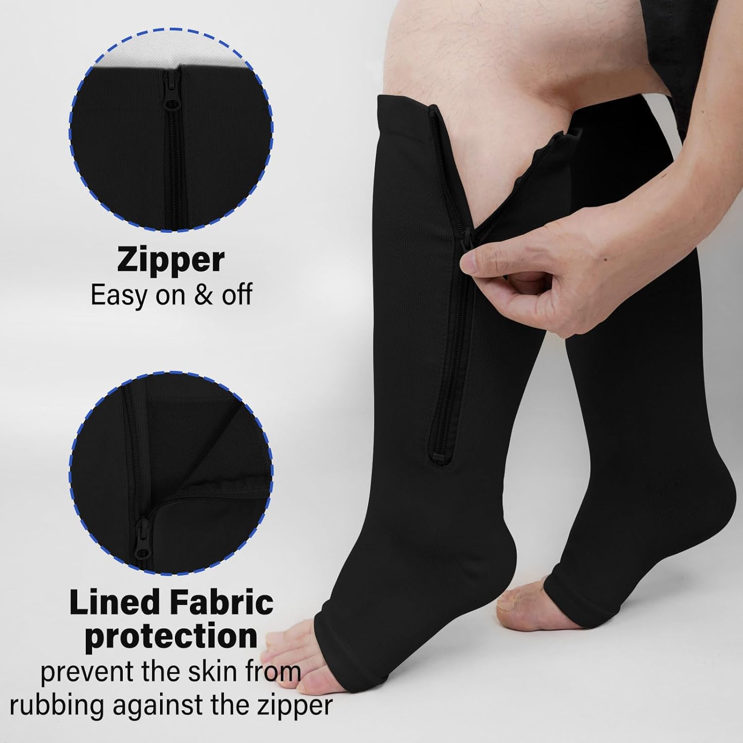 Detalle 2 de PUTUO Plus Size Compression Socks (Wide Calf, Zip Flight Sock) – 20–30 mmHg Open Toe Support Stockings, Extra Large