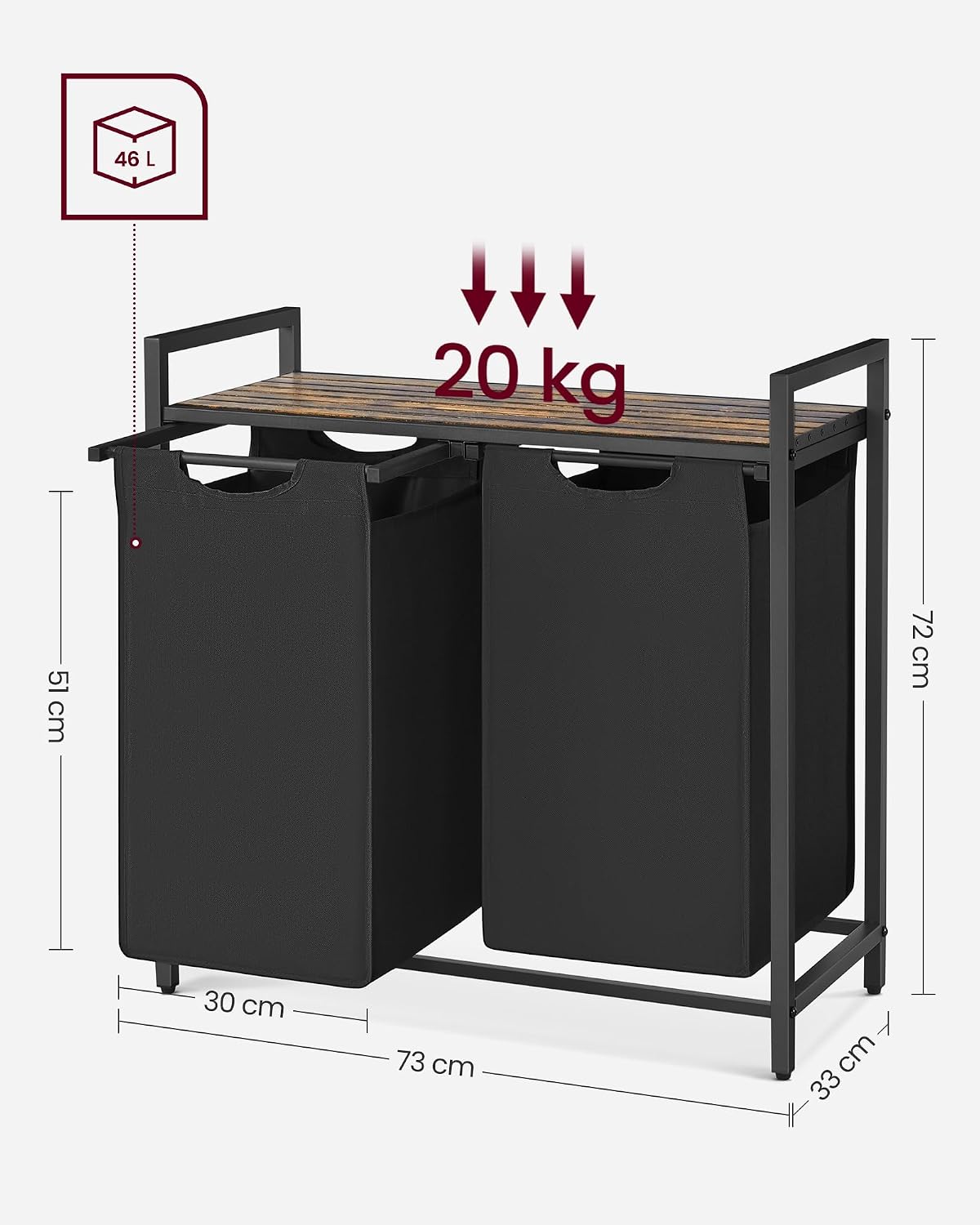 Detalle 2 de VASAGLE BLH201B01 BRENTA wasmand met 2 uitneembare Oxford stoffen zakken