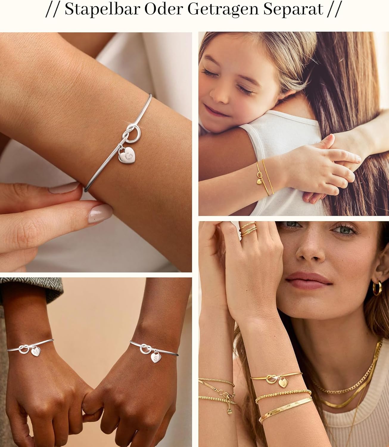 Thumbnail 6 de Bracelet personnalisé ZOERAY or jaune et argent 18K plaqué, nœud d’amour réglable avec breloque cœur (initiales A-Z)