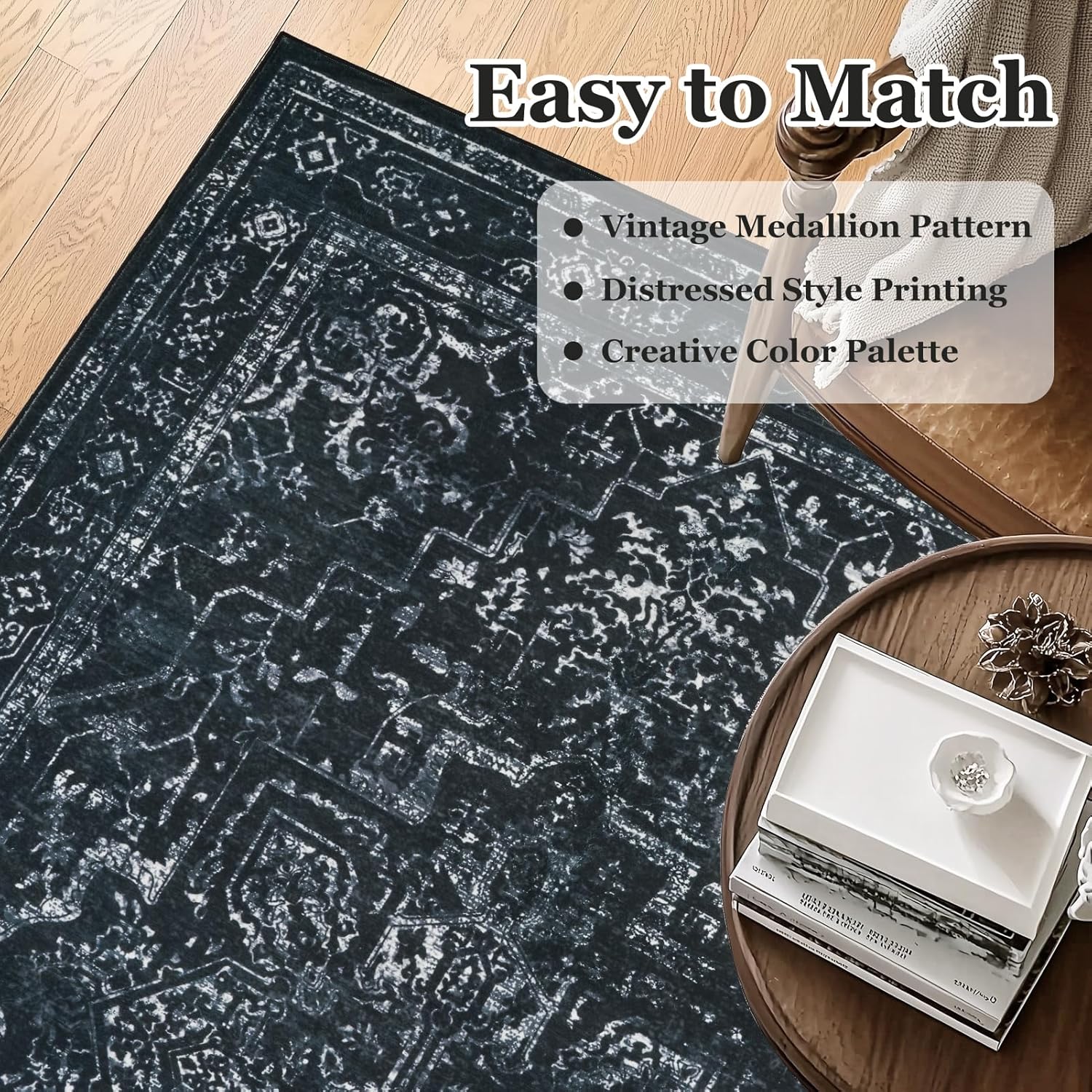 Thumbnail 6 de Jainmy Distressed Black Kitchen 2x3 Rug — Non-Slip, Washable, Vintage Medallion Entrance Mat