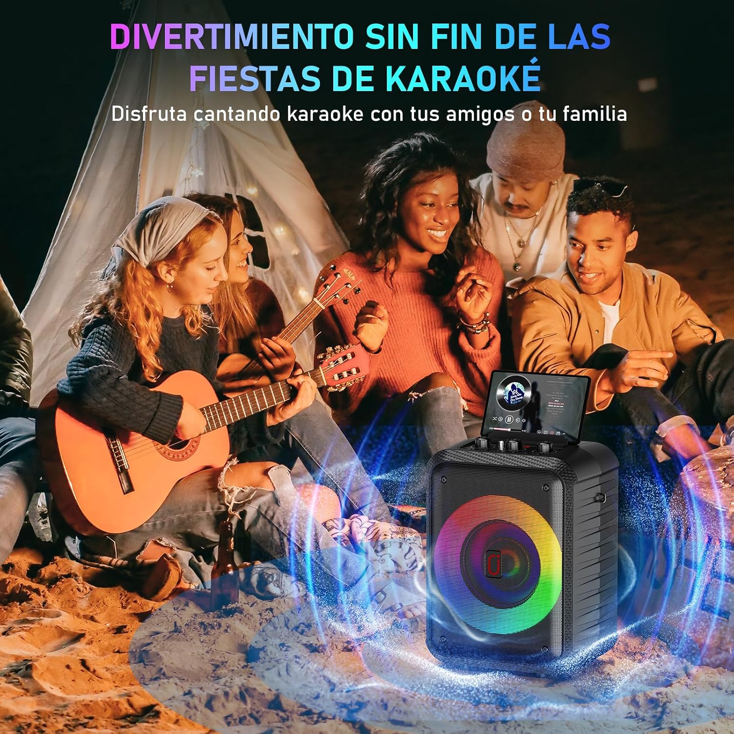 Detalle 2 de HWWR Máquina de karaoke: altavoz PA portátil con 2 micrófonos, luces RGB y Bluetooth 5.3