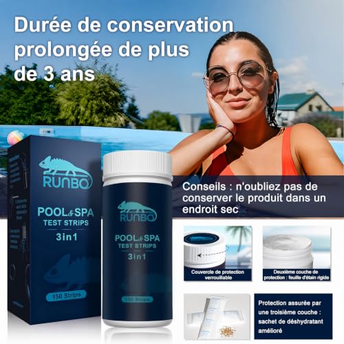 Detalle de RUNBO 3 en 1 Testeur Piscine – 150 bandes pour chlore libre, pH et alcalinité totale