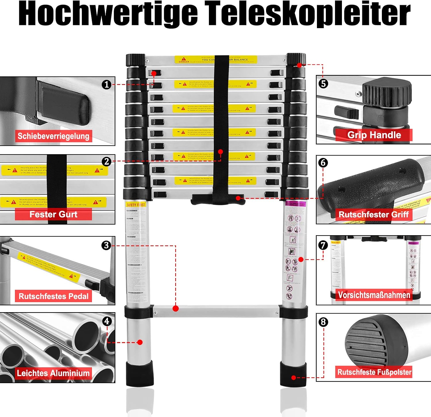 Detalle de LZQ 3.2 m Aluminium Telescopic Ladder, 11 Steps, 150 kg Capacity