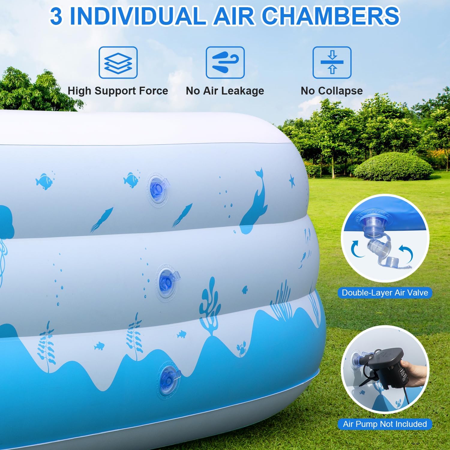 Detalle de Large Inflatable Pool with Lights (145" x 74" x 22") — Solar-Powered, UV-Resistant, 744-Gallon Family Pool