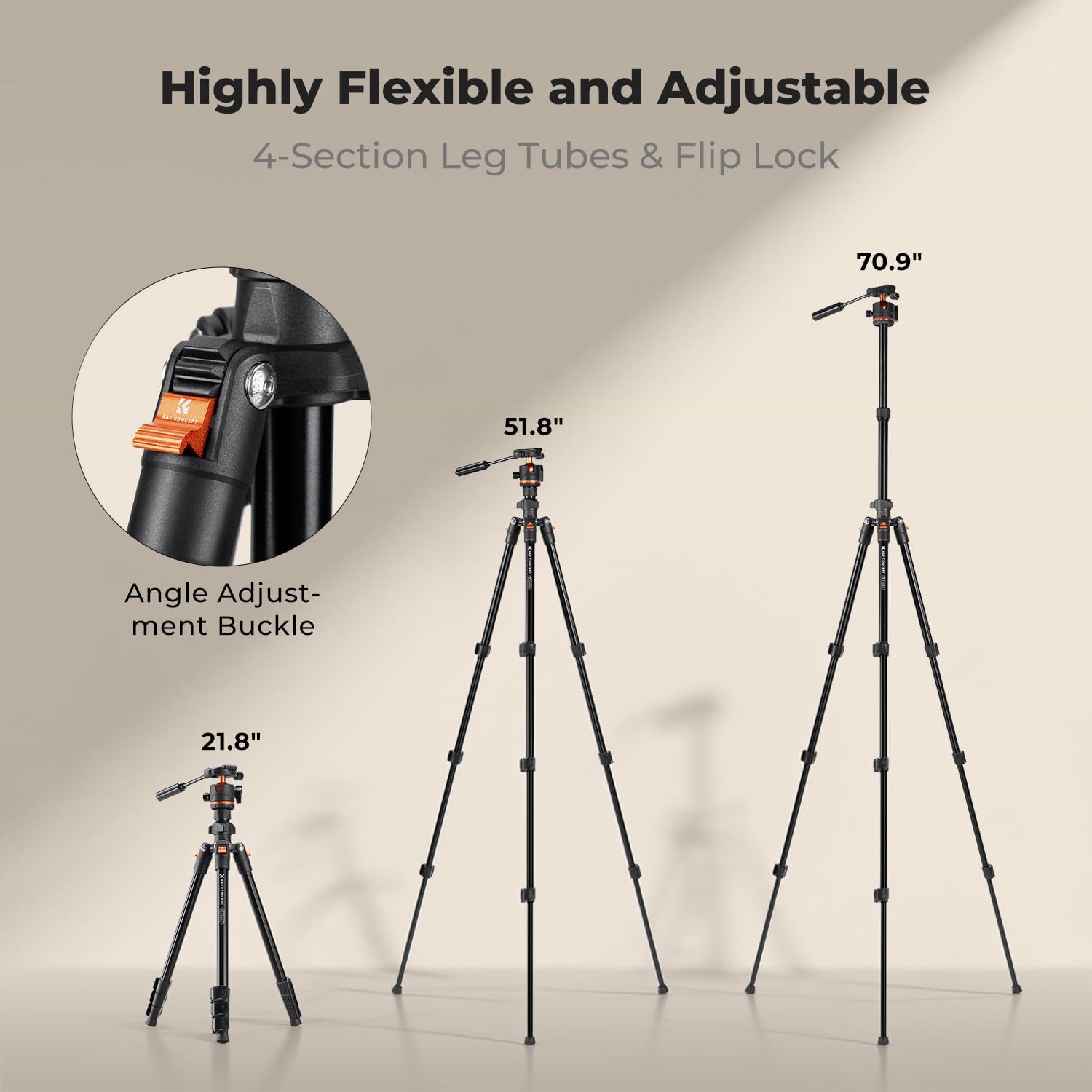 Detalle de K&F CONCEPT 71"/182cm Camera Tripod with Handle and Tilt Limiter