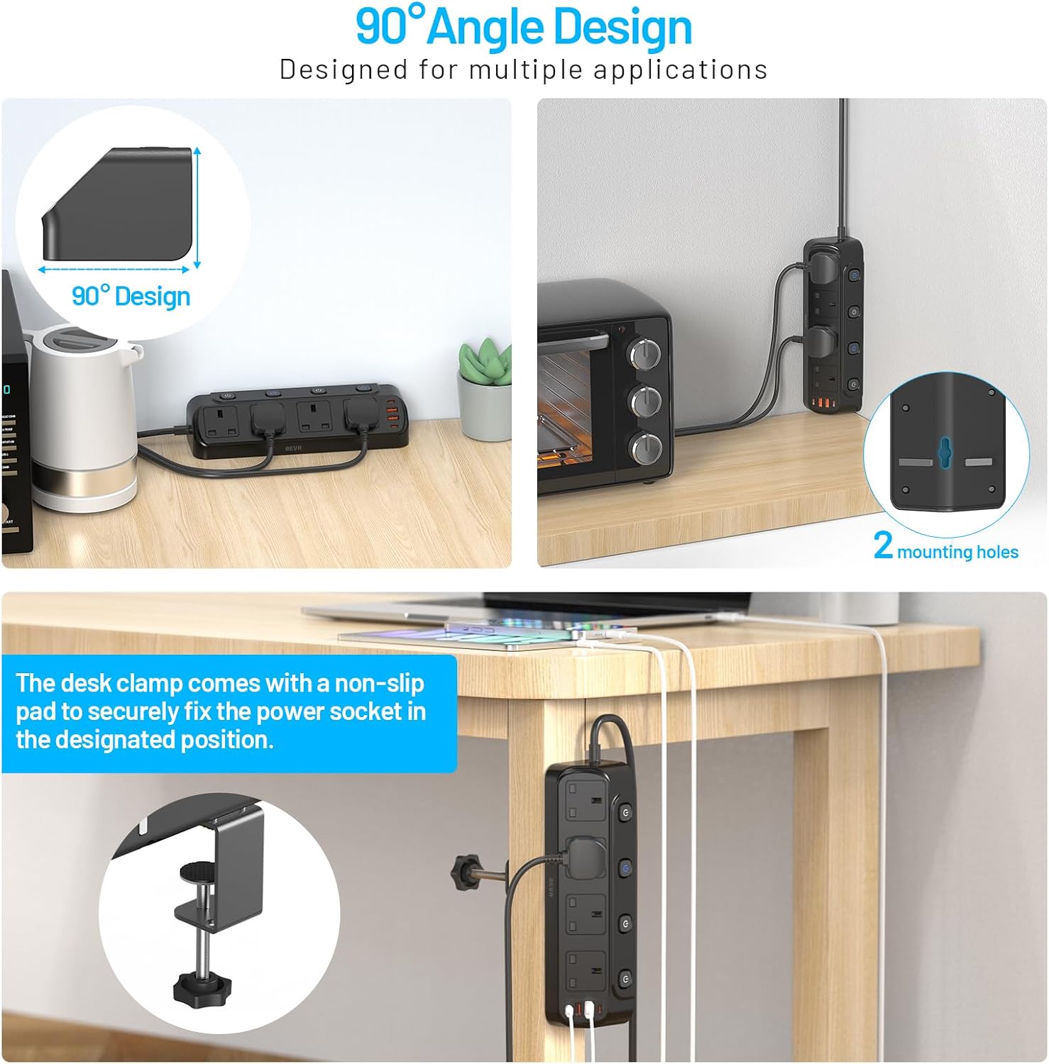 Detalle de BEVA Desk Extension Lead 1.8m: 4-way switched extension socket with PD20W USB charging