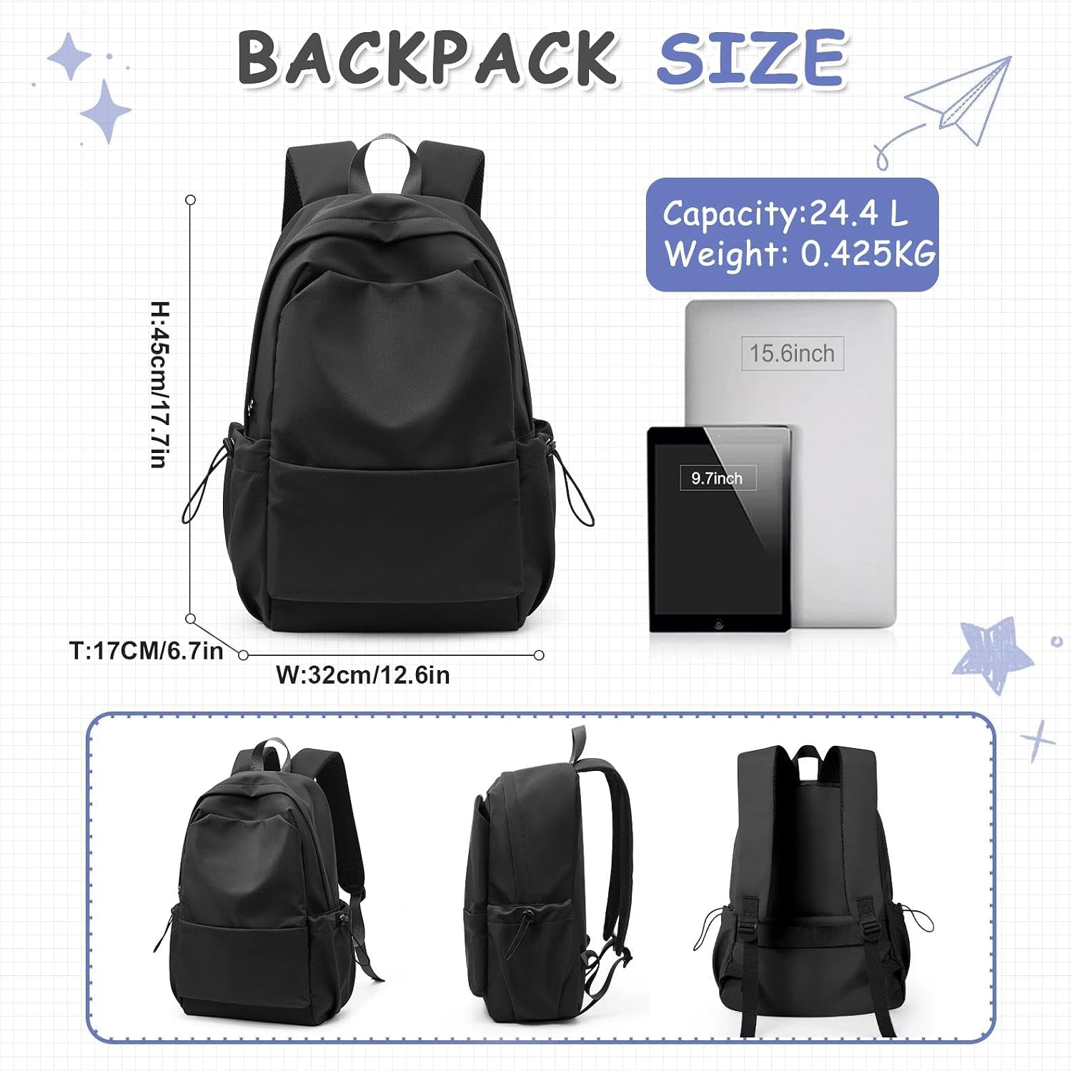 Thumbnail 1 de WEPLAN Women’s School Backpack (14-inch Laptop) – Lightweight Waterproof 24.5L, H1-Black