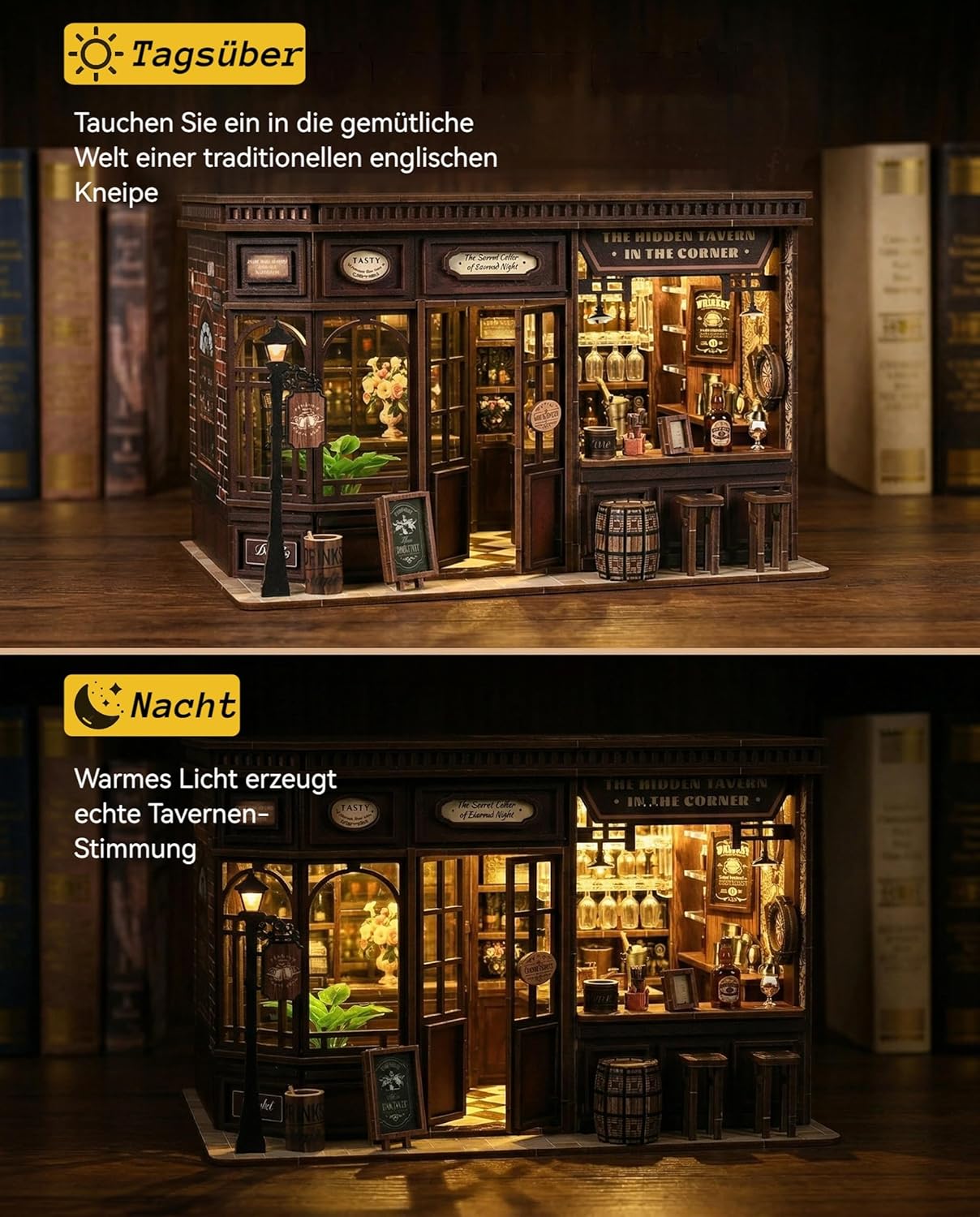 Detalle de Book Nook Kit Taverne – 3D Holzpuzzle mit LED-Licht, DIY Miniatur-Haus & Werkzeug-Set (ab 14)