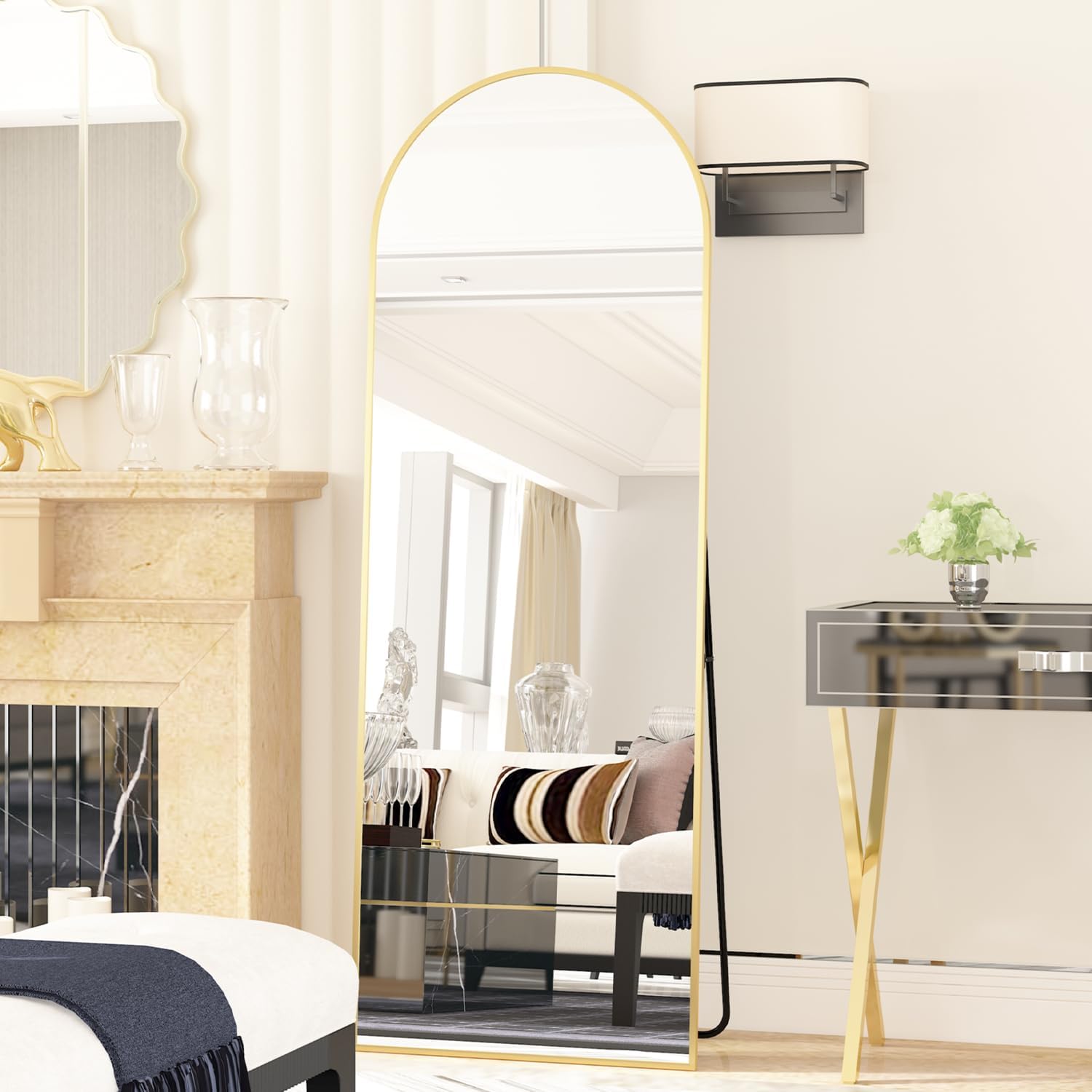Detalle de Elemango Full length Floor Mirror, vloerspiegel met boog, aluminium frame, goud