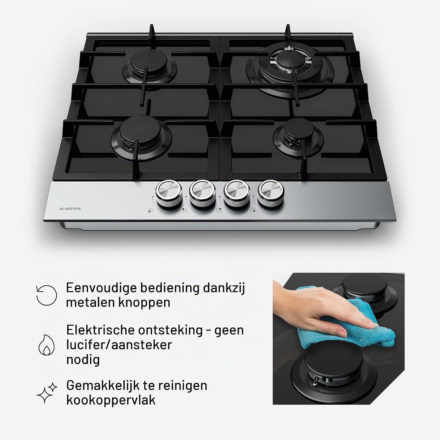 Detalle de KLARSTEIN Verosteel PG6041BG-D1CB gaskookplaat, 60 cm, 4 pitten, 8000 W