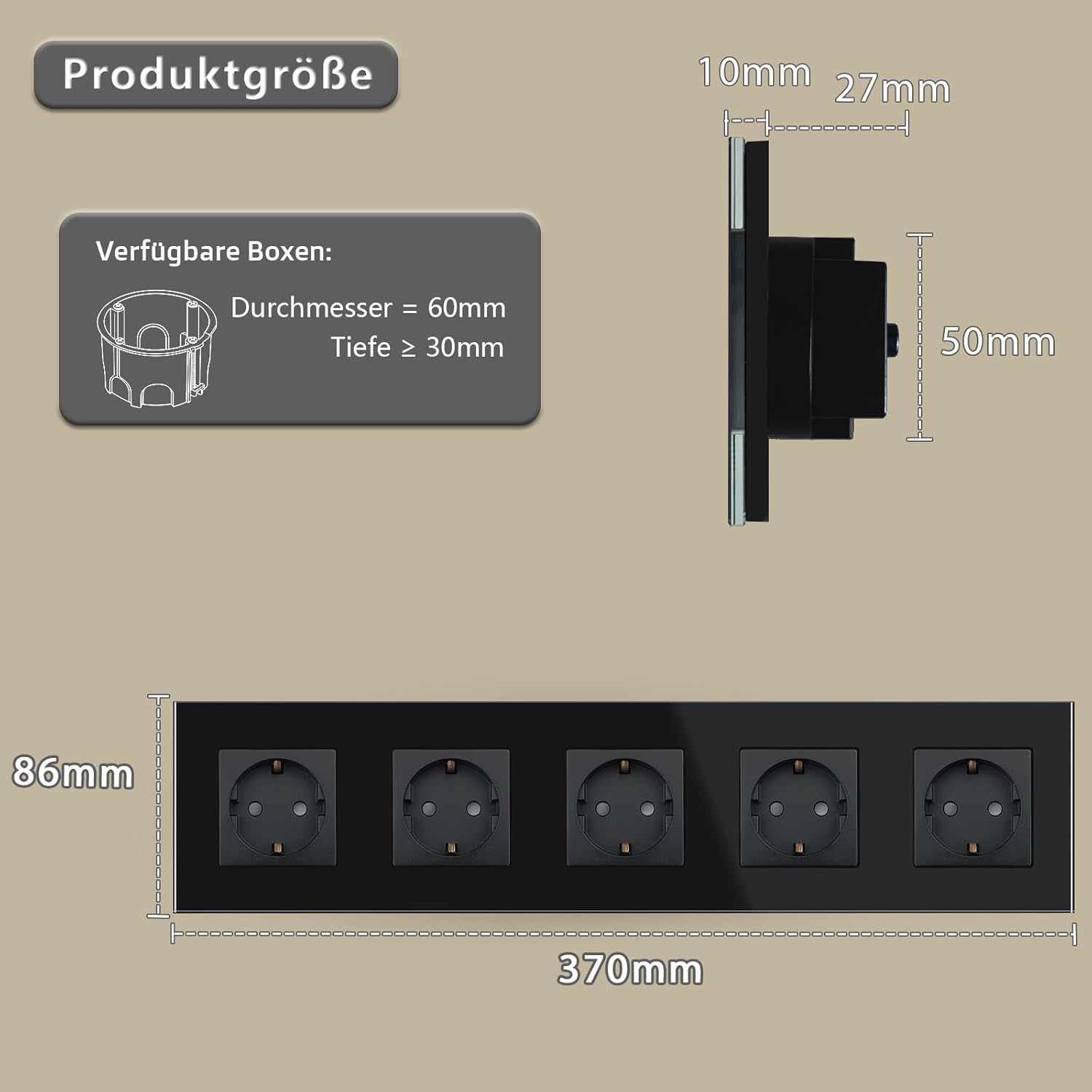 Thumbnail 1 de TAWOIA Schuko Unterputz-Steckdose 5-fach mit Kristallglasplatte (Schwarz, 86×370 mm) für 16 A / 250 V
