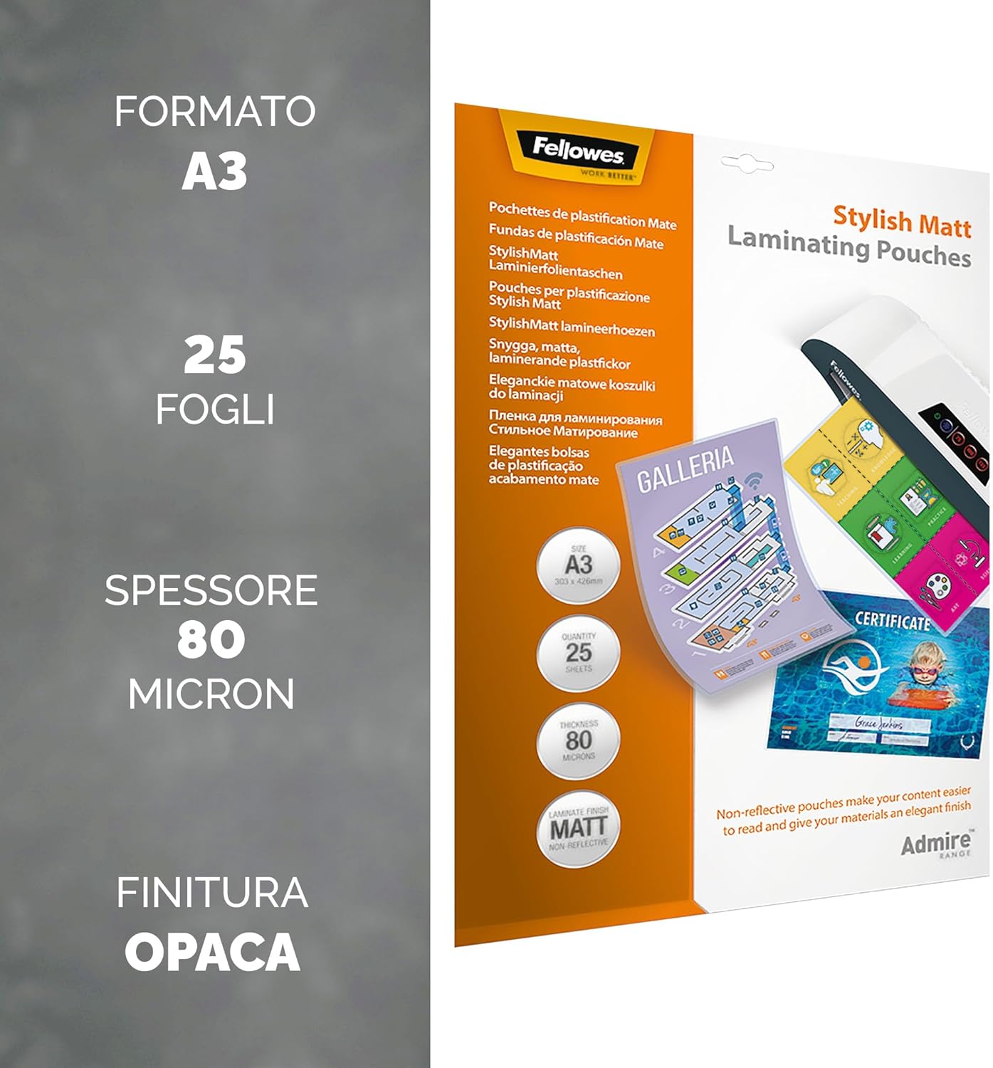 Detalle de Fellowes Pouches plastificazione A3 160 micron opache, confezione 25