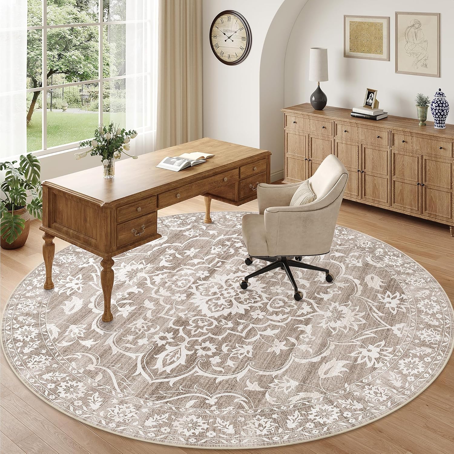 Thumbnail 3 de Soalmost Washable Round Rug 8ft: Soft, Non-Slip Floral Circle Carpet for Living Room