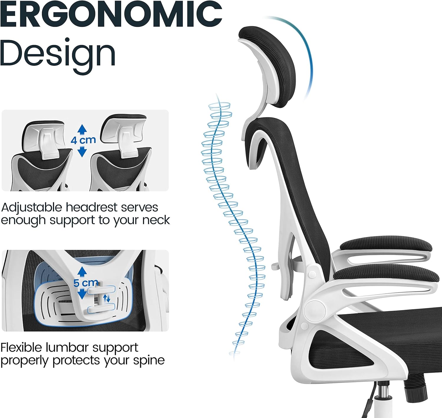 Detalle 2 de Yaheetech Bürostuhl Ergonomisch – Hochklappbare Armlehnen, Kopfstütze, 136 kg belastbar, Weiß/Schwarz