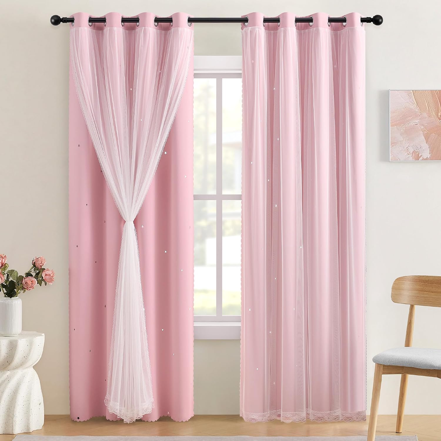 Detalle de XiDi Pink Curtains for Bedroom - Two-Layer Light Pink Blackout Panel with Star Laser Cutouts (1 Panel)