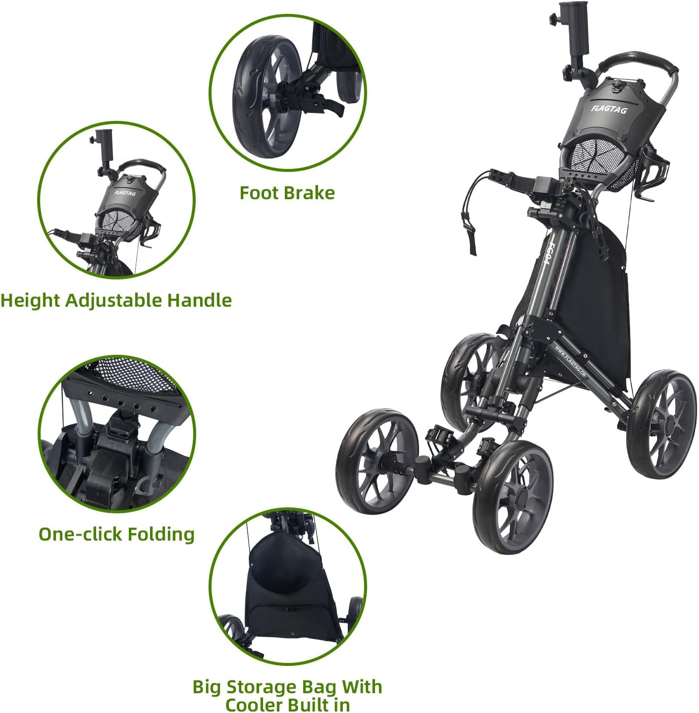 Detalle de FLAGTAG 4-Wheel Golf Push Cart with One-Click Folding and Adjustable Handle