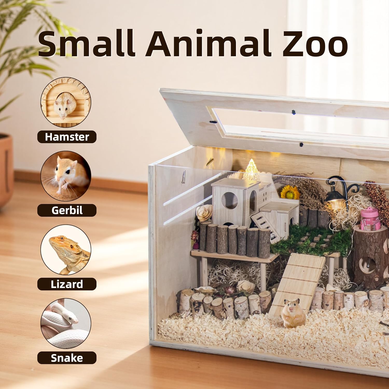 Detalle de Hamster Cage Chewproof: 80cm Wooden Cage for Small Animals with Openable Top and Easy View Acrylic Panels