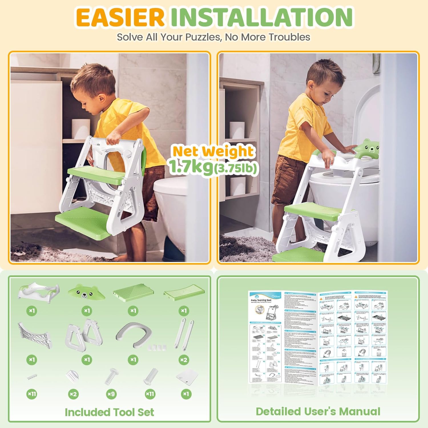 Detalle 2 de Potty Training Toilet Seat - Upgraded 2-in-1 Toddler Seat with Stable Triangle Base and Extended Pedal (Bear Green)