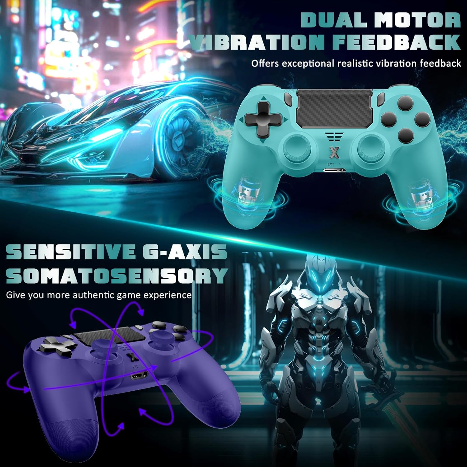 Detalle de Glitfix Wireless Controller für PS-4 – kabelloser Gamepad mit Turbo, Touchpad und Dual-Vibration (2er Set, Blau-Grün + Lila)