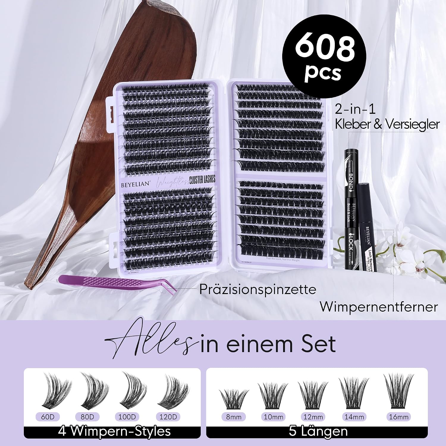 Thumbnail 2 de BEYELIAN Cluster-Wimpern-Set 608-teilig: 4 Styles (60D–120D) für DIY Lashes mit Kleber, Entferner und Pinzette