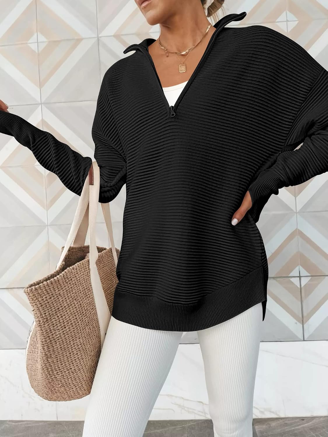 Detalle de ANRABESS Women's Quarter-Zip V-Neck Sweater with Ribbed Knit and Thumbholes