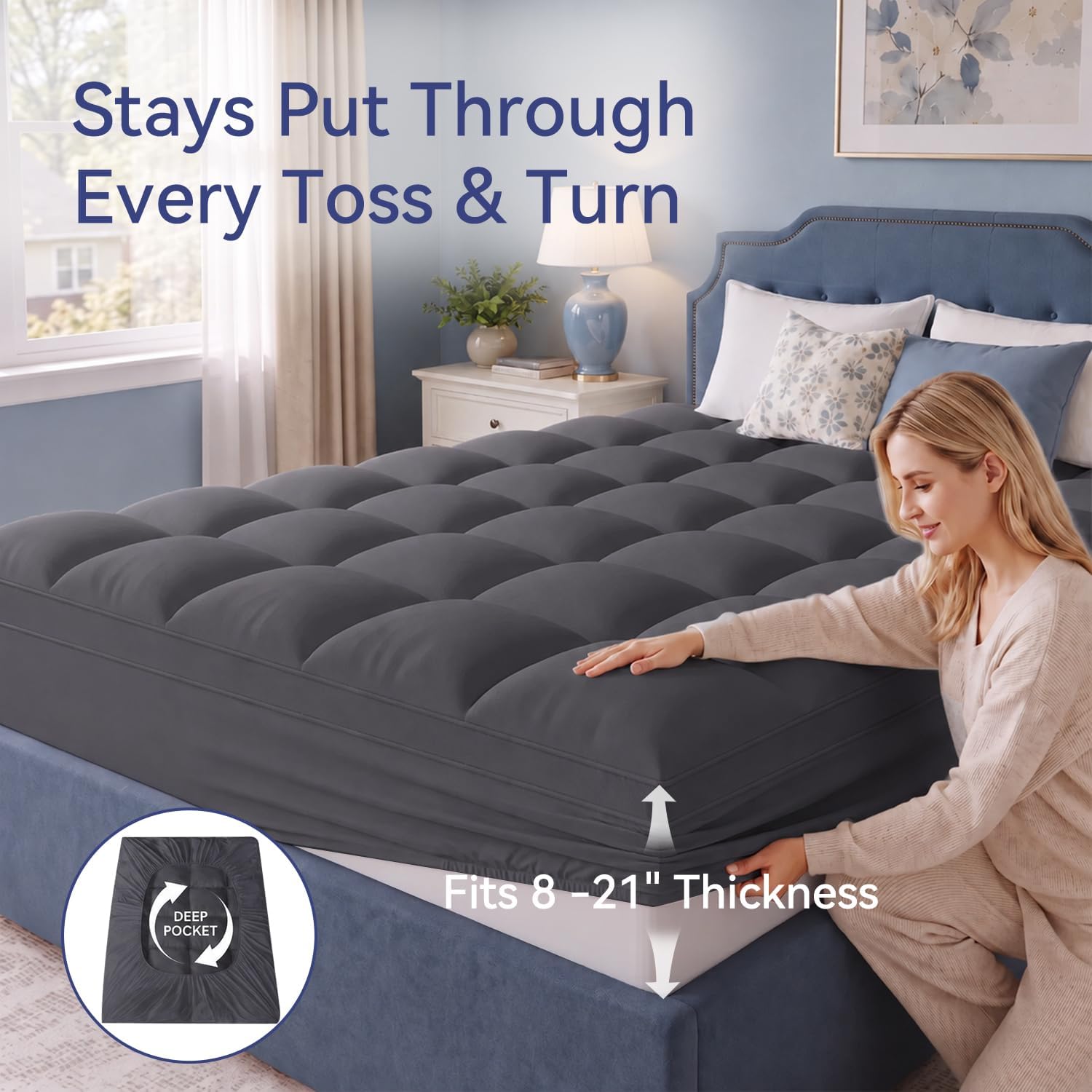 Detalle 2 de ELEMUSE Queen Mattress Topper, Gray Pillow Top, Breathable Microfiber, Deep Pocket