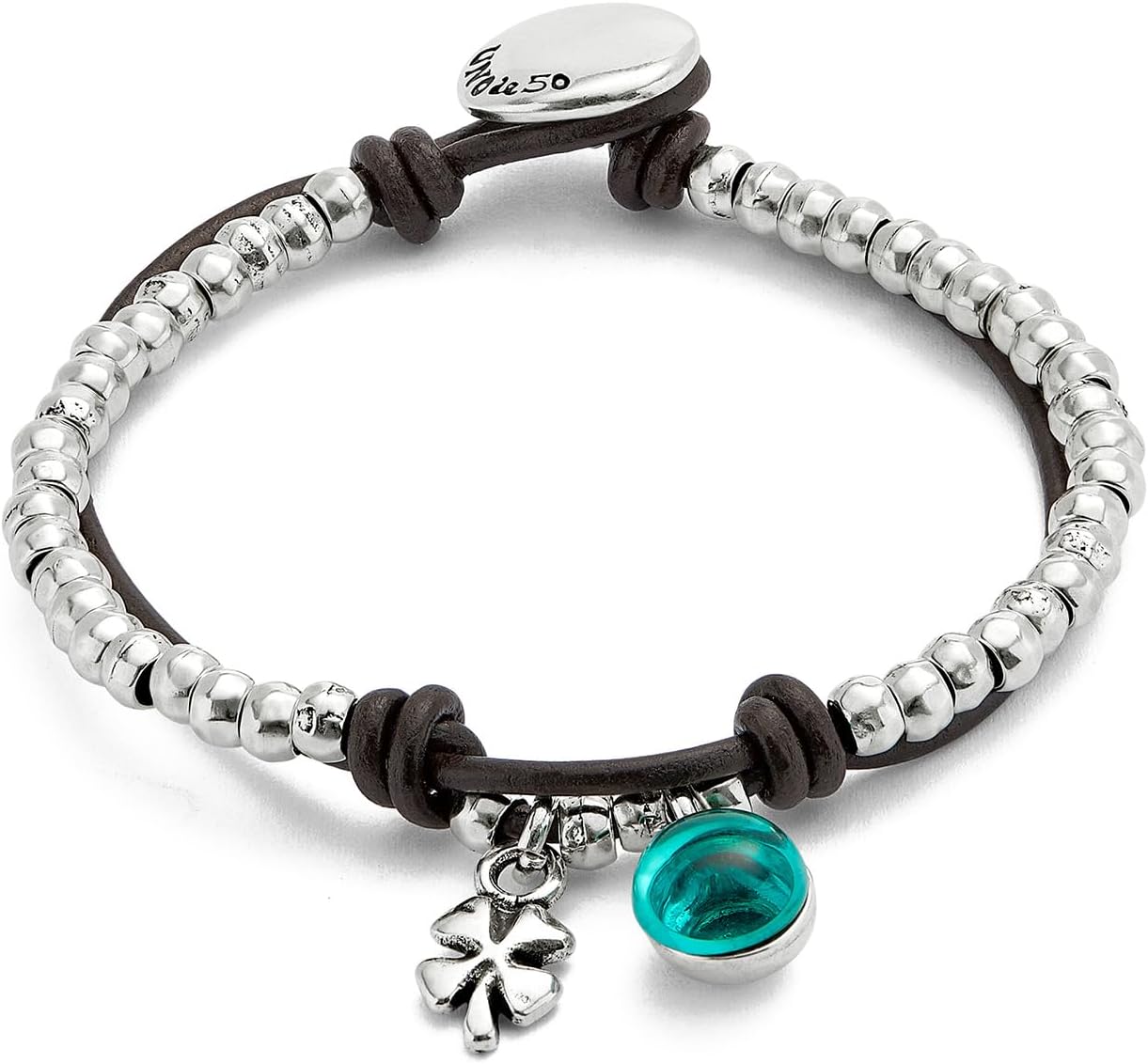 Detalle de Uno de 50 Bracciale a sfera placcato argento sterling con pelle e vetro di Murano verde