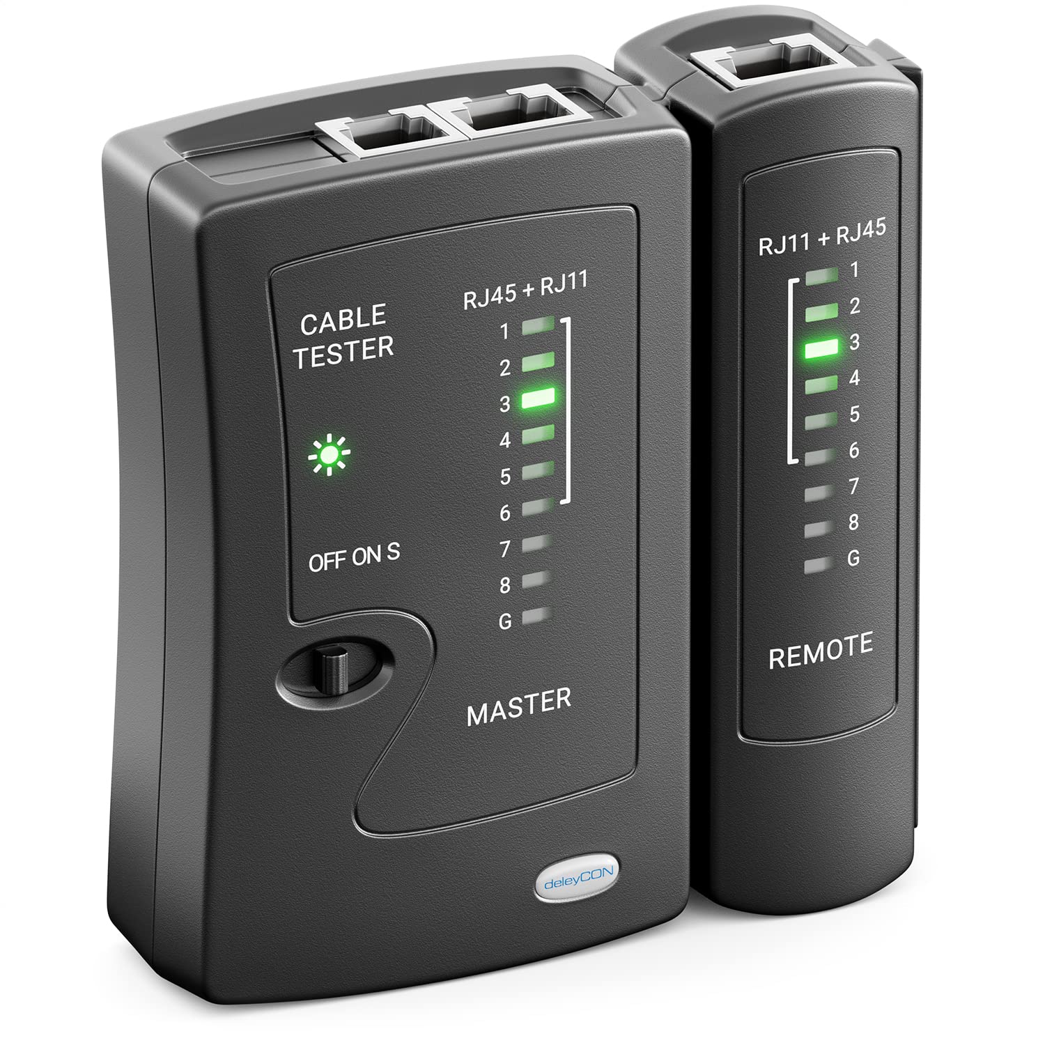 Detalle 2 de deleyCON Netzwerk Kabeltester MK4226 – RJ11/RJ12/RJ45, CAT6/7/8, Grau