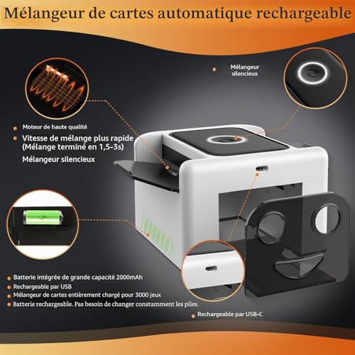 Detalle 2 de Buldoospok Silencieux Mélangeur de Cartes Automatique – 2000 mAh, USB-C, Portable