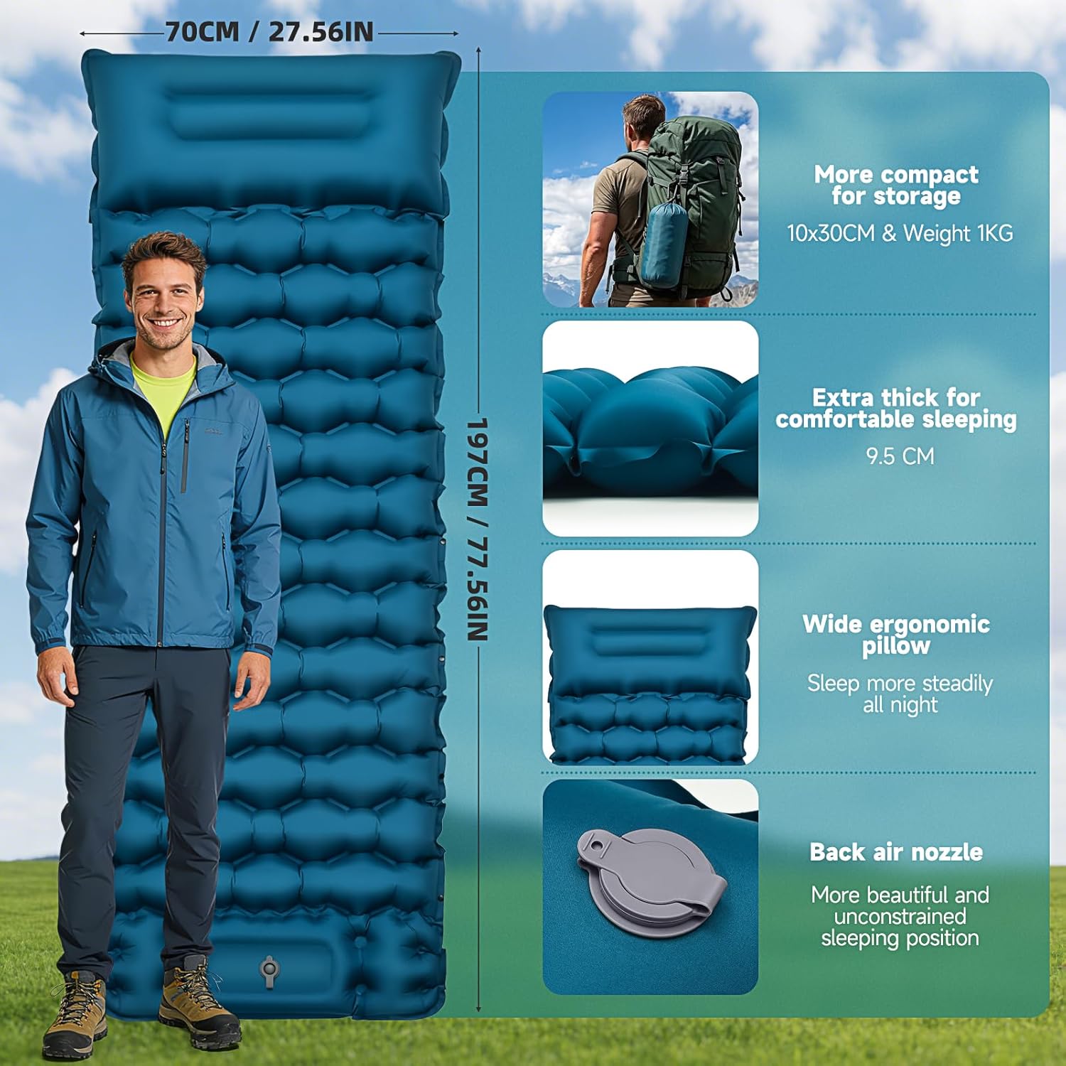 Thumbnail 2 de FORRINX Camping Sleeping Pad Self Inflating 9.5cm Thick – Ultra-Wide, Built-in Pump, Waterproof Air Mattress