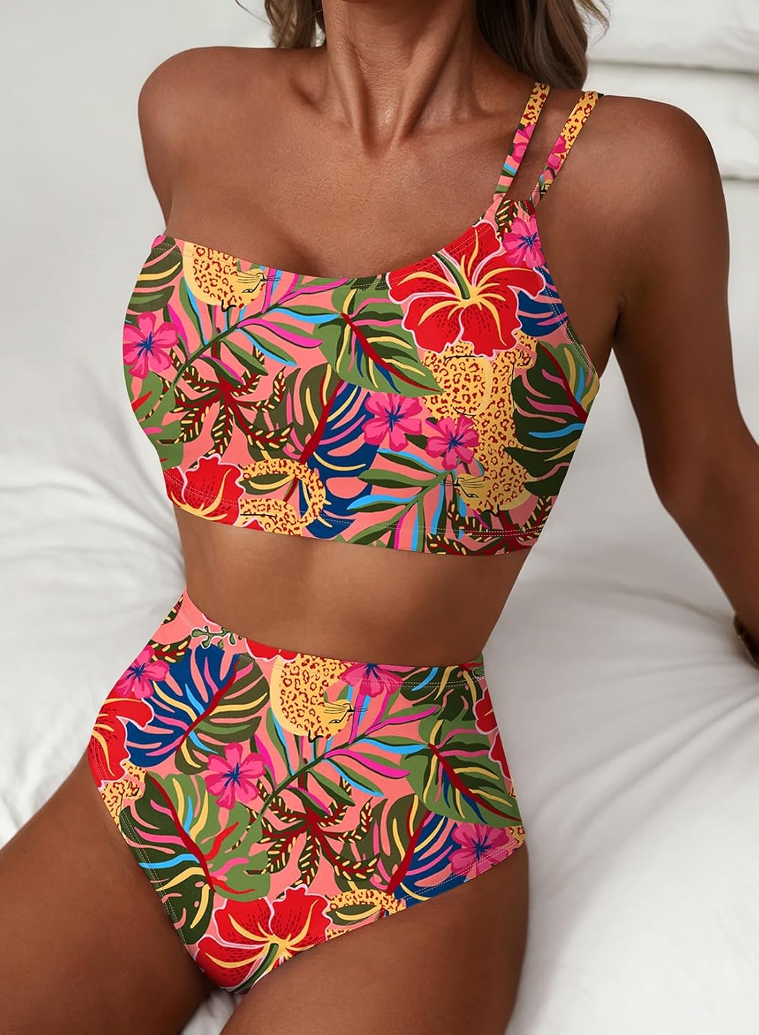 Thumbnail 2 de Herseas Women's High Waisted Bikini Sets One Shoulder Floral Print — 2 Piece Tummy Control Swimsuits