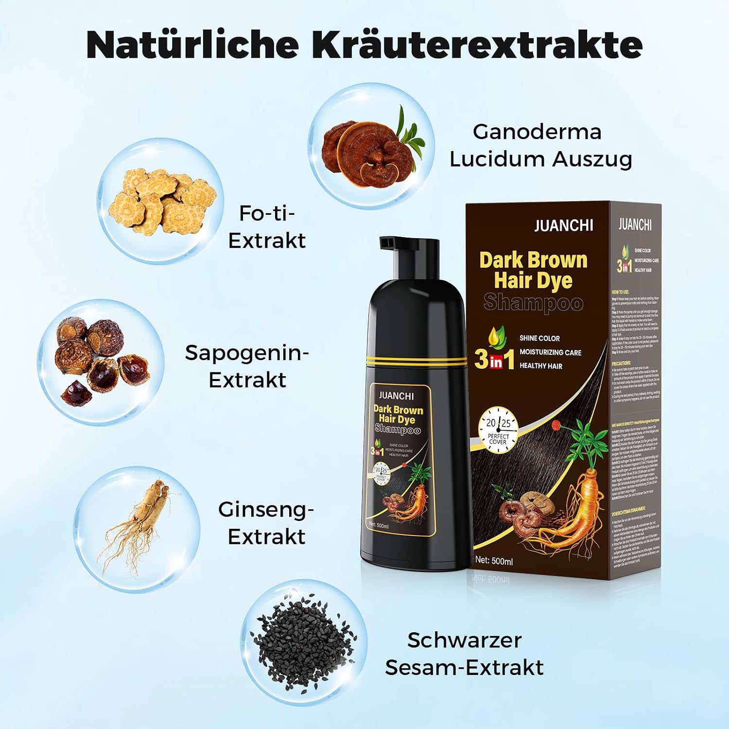 Detalle de JUANCHI Dunkelbraunes Haarfärbeshampoo für Graues Haar – 500 ml