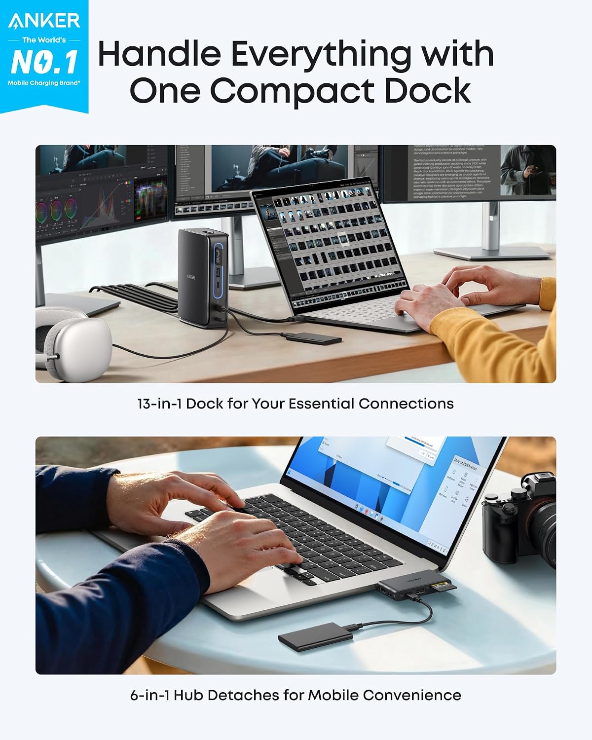 Detalle de Anker Nano Laptop Docking Station with Detachable Hub (13-in-1) – Triple display via 2×HDMI + 1×DP, 10Gbps, 100W PD