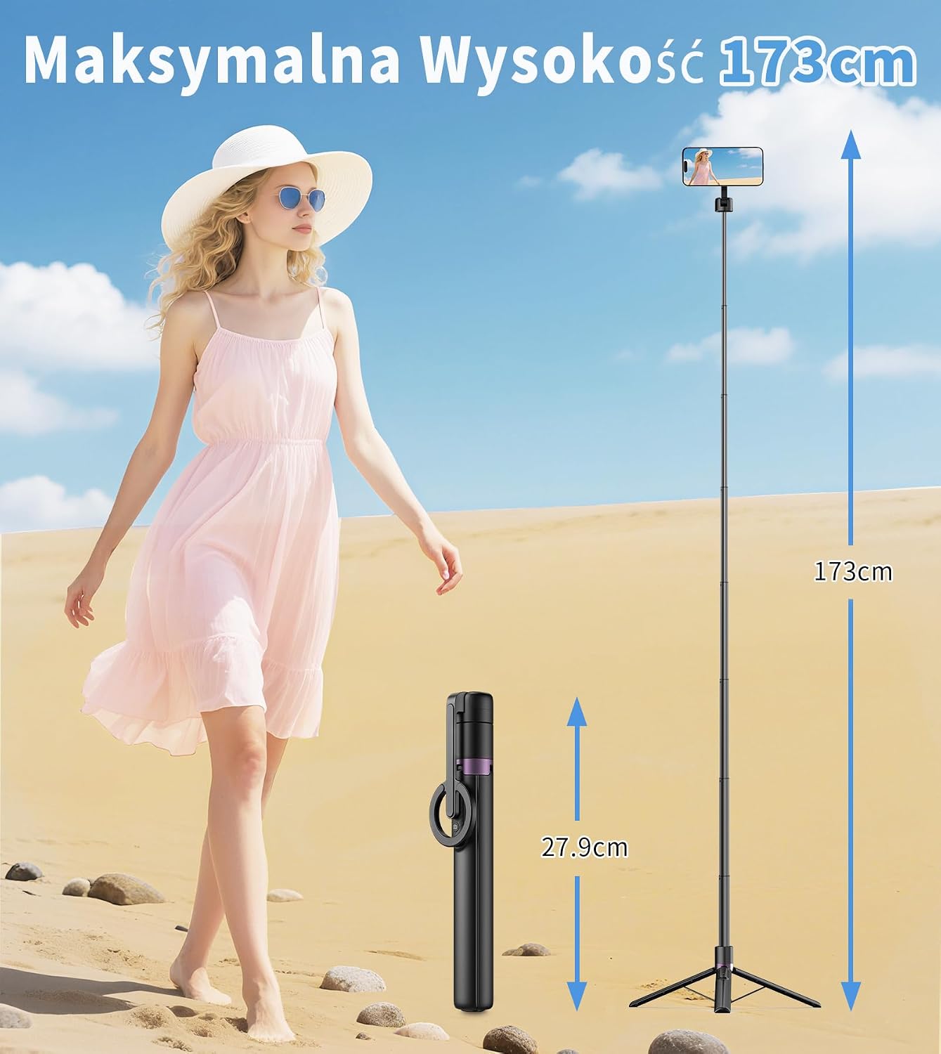 Detalle de TONEOF Oth-AB202max – magnetyczny statyw do telefonu, 173 cm, pilot i obrót 360°