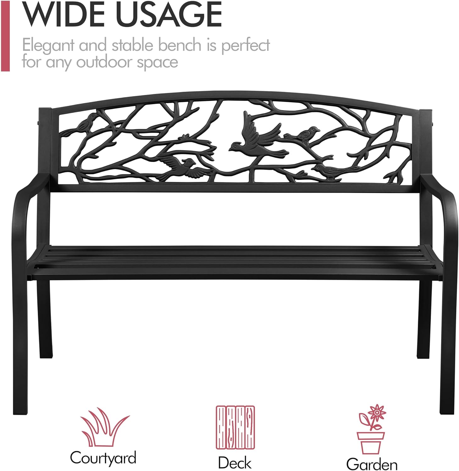 Detalle 2 de Yaheetech panca da giardino in ferro 127×52×86 cm con braccioli e schienale decorato, portata 180 kg, colore nero