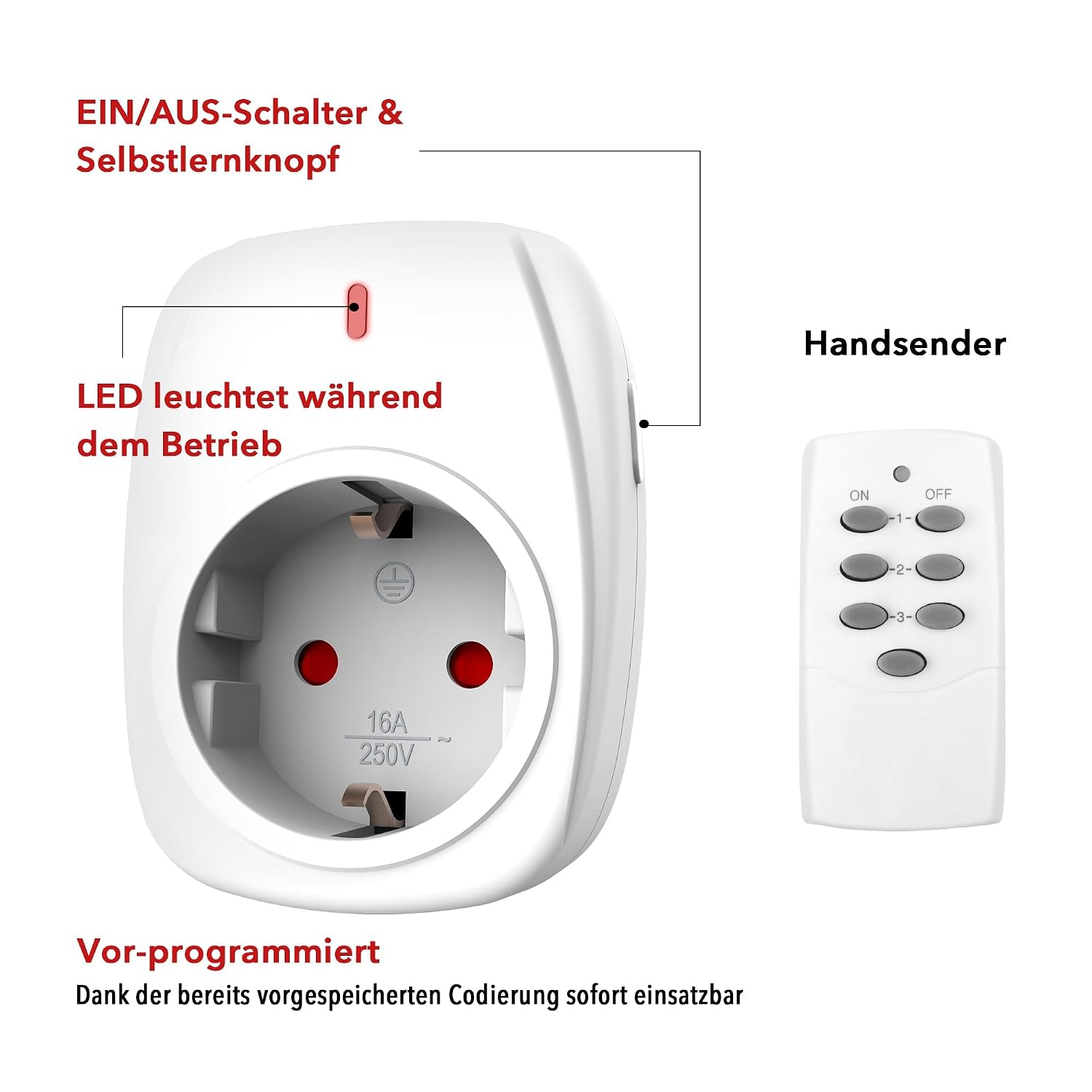 Detalle 2 de HBN 4x Funksteckdosen-Set mit 1 Fernbedienung (16 A / 3.680 W) und 30 m Reichweite – Weiß