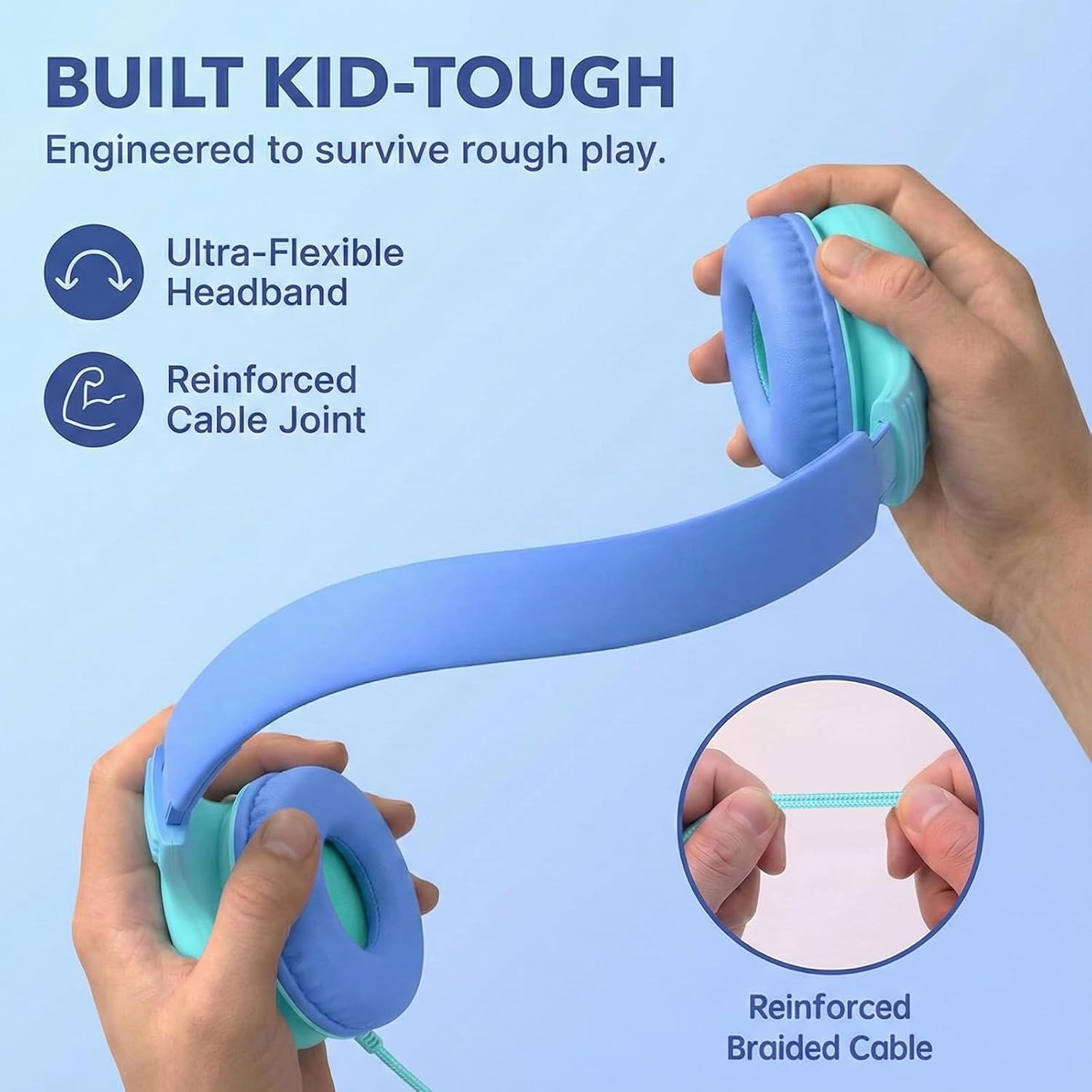 Detalle de ADOOPE Wired Kids Headphones (USB-C Plug) with 85dB Safe Volume Limit — Sky Blue & Mint Green (No Microphone)