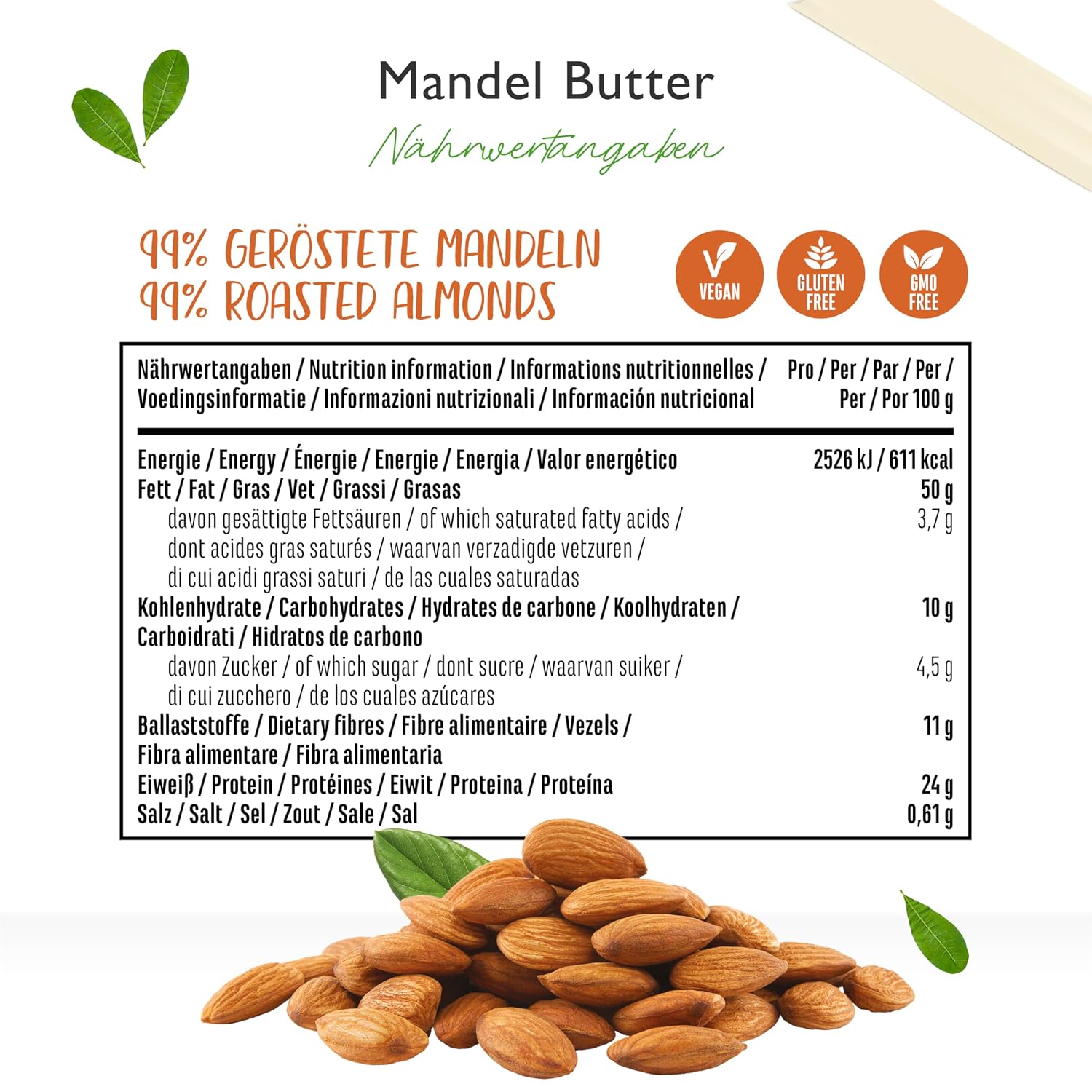 Detalle 2 de Vit4ever Mandelbutter Extra Crunchy 1 kg – Dark Roasted, 24% Protein, vegan, ohne Palmöl