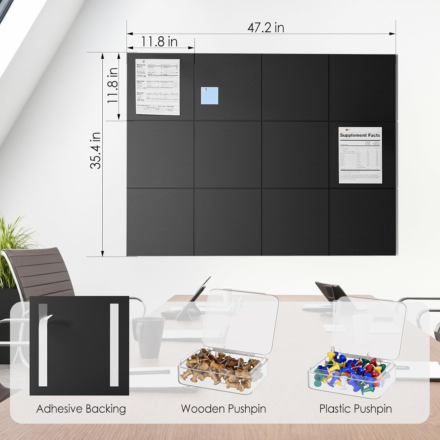 Thumbnail 3 de MaxGear 48" x 36" Felt Bulletin Board, Black 12-Pack Wall Tiles