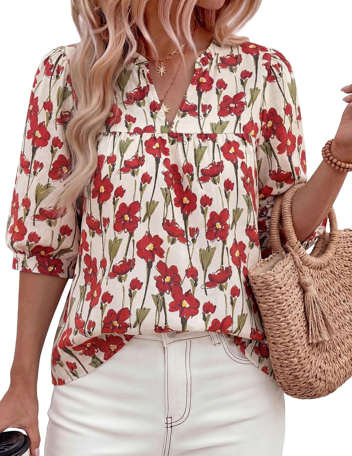 Detalle de PRETTYGARDEN Women's 2026 Summer Floral Blouse: Boho-Chic, Dressy-Casual Half Sleeve V-Neck Top