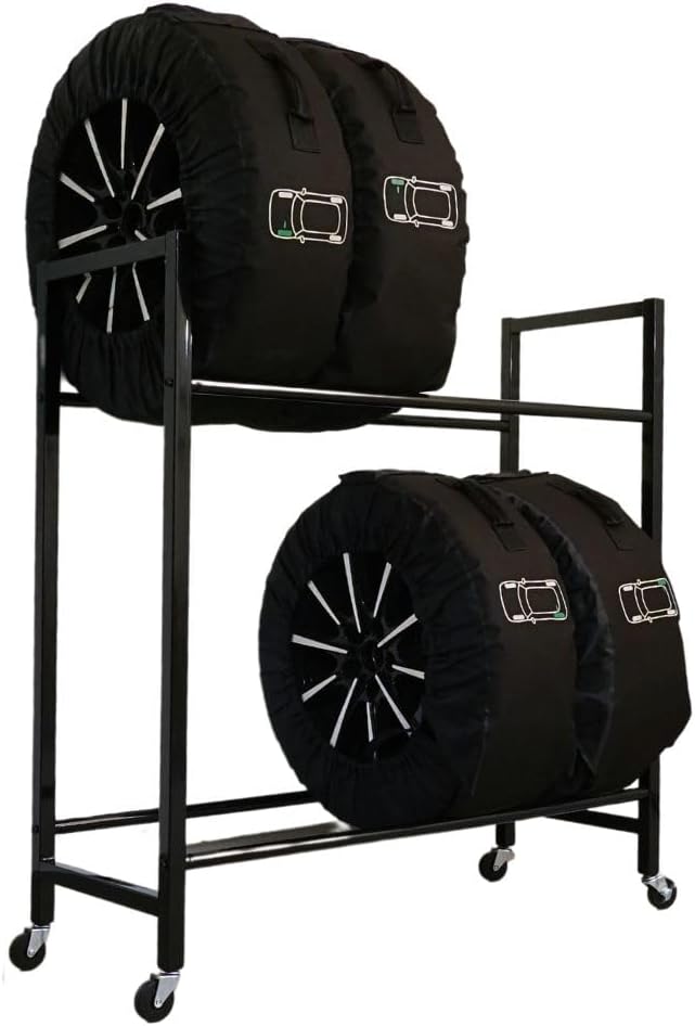 Detalle de PROREGAL Carrero Étagère à pneus sur roulettes – 115 x 111 x 40 cm, jusqu’à 8 pneus sur 2 niveaux, couleur Noir