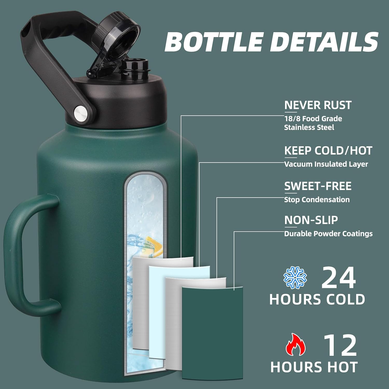 Thumbnail 1 de BJPKPK 1 Gallon Water Bottle with Handle — 128oz Insulated, BPA Free, Dishwasher Safe, Army Green