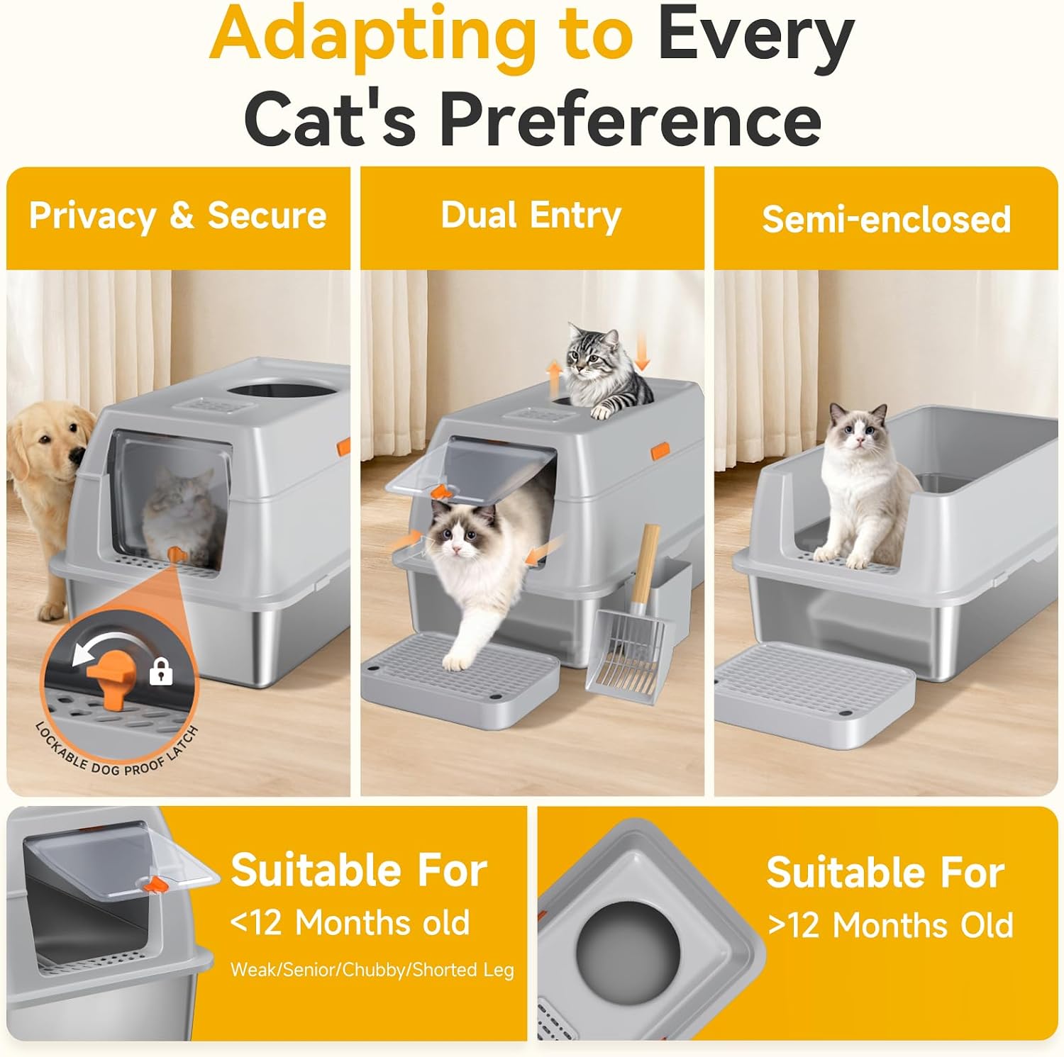 Detalle de Tevila Light Grey-1Pack XL Enclosed Stainless Steel Cat Litter Box