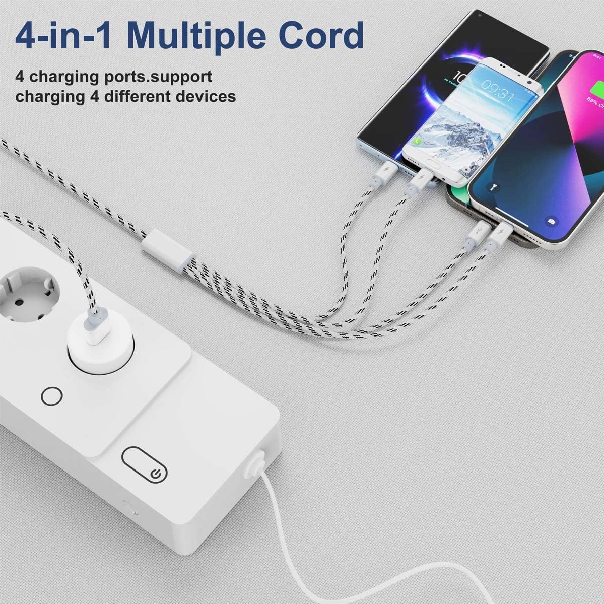 Detalle de 10ft 4-in-1 Multi Charging Cable (2-Pack) — 2 Pack, 10ft Each, USB-C/Lightning/Micro USB for All Your Devices
