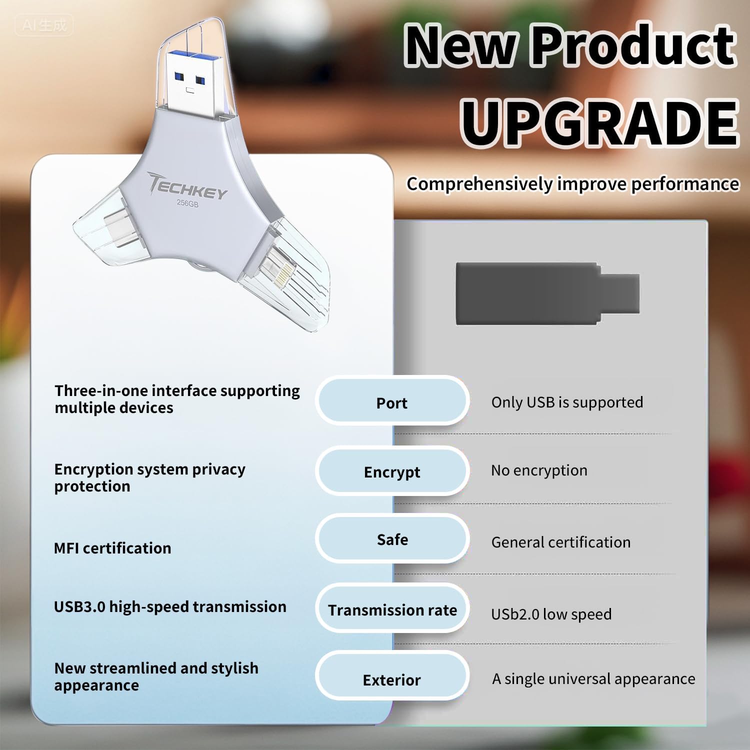 Detalle de iPhone USB Flash Drive 256GB, MFi 3-in-1