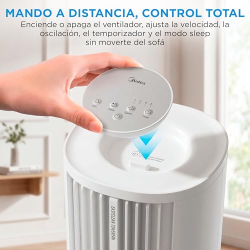 Detalle de Ventilador Torre Midea con Mando y Aromaterapia: 4 Velocidades, Oscilación 90° y Sleep