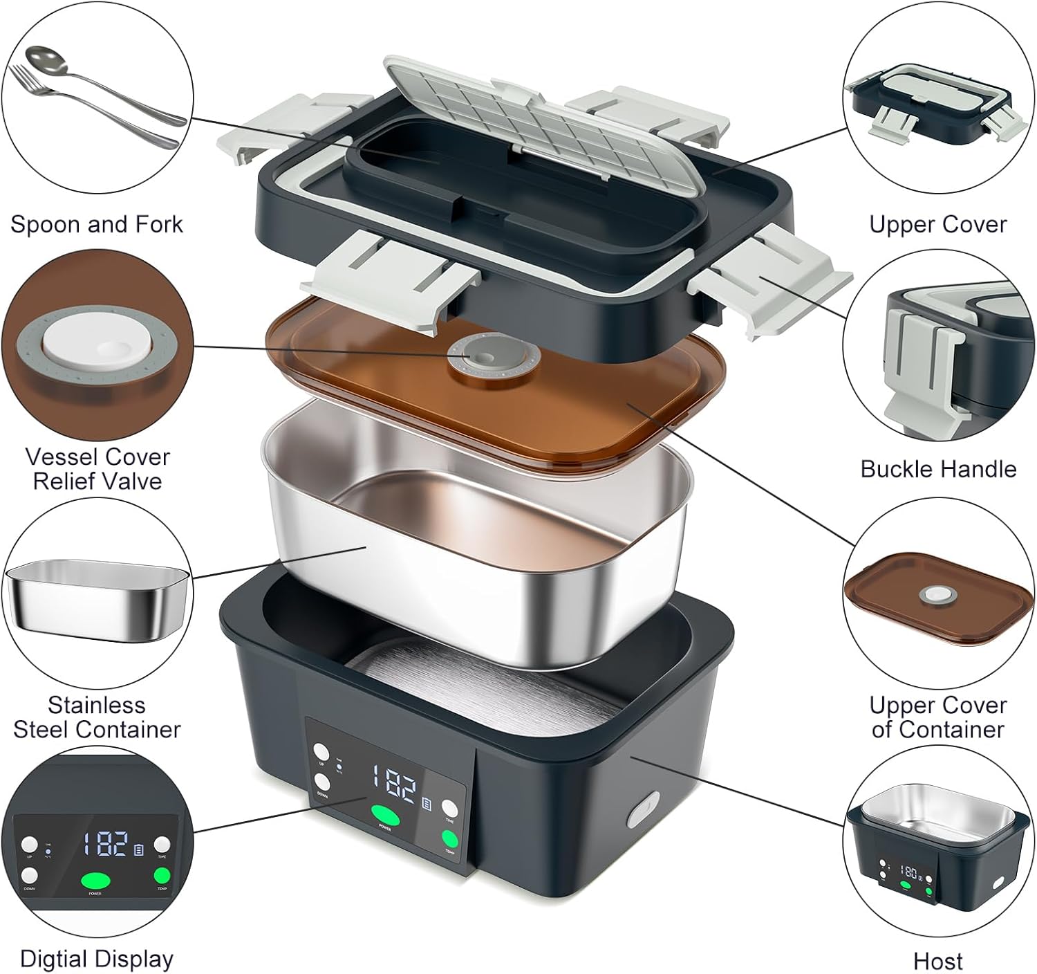 Thumbnail 4 de Battery-Powered Heated Lunch Box (1.6L) with Automatic Heating, 16,000mAh, Cordless Food Warmer for Adults