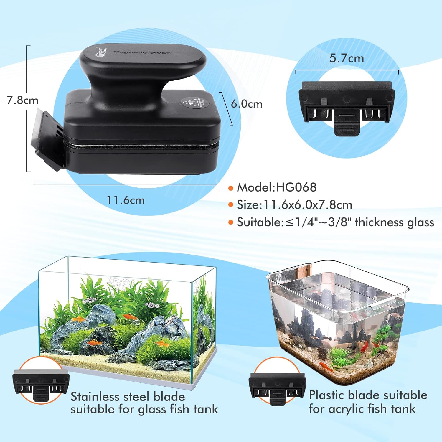 Detalle de hygger Aquarium Magnet Cleaner Brush – floating magnetic glass cleaner with two detachable blades