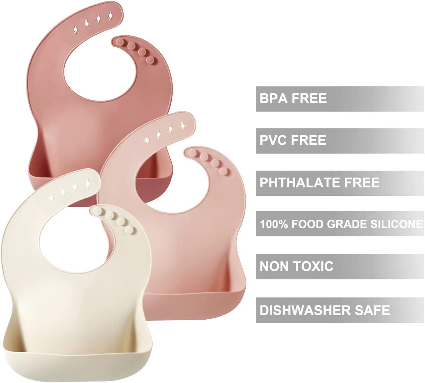 Detalle de PandaEar 3 Pack Silicone Baby Bibs for Weaning – Waterproof, Deep Catch Pocket, Adjustable Neck (Muted Pink, Rose, Linen)